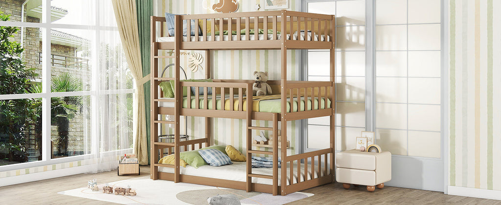 Twin Size Triple Rubber Wood Bunk Bed, with Ladders, Guardrails Detachable Bunk Bed, Twin over Twin over Twin,Natural
