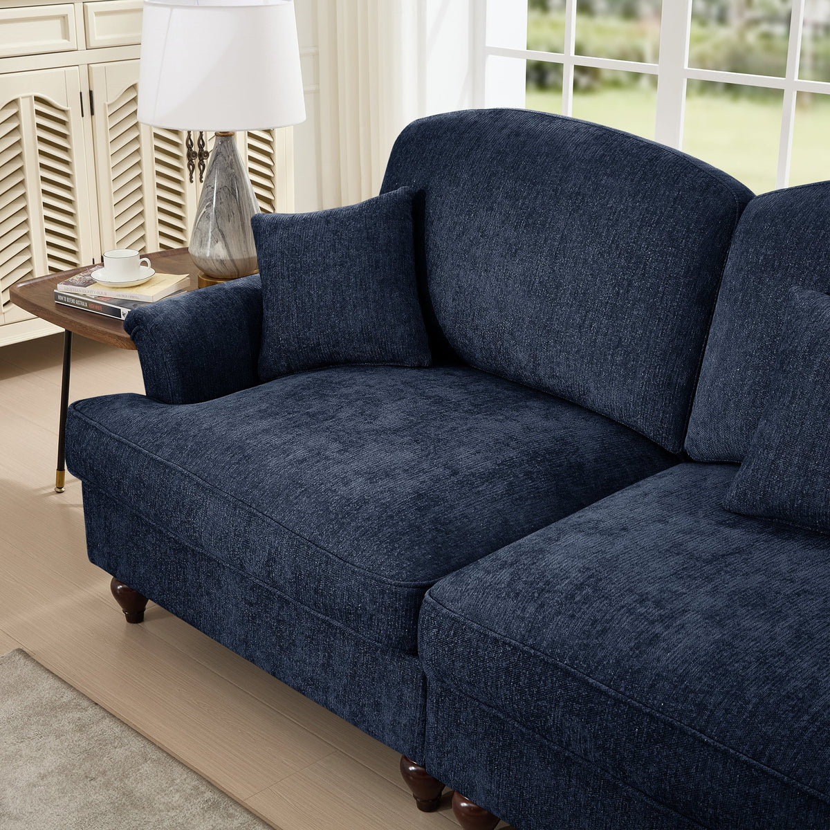 Elegant Mid Century Large 3 Seater Sofa Couch with Flared Arms and Removable Ruffles Pleats Skirts and Spindle Legs, Comfy Chenille Three-Seat Sofa for Living Room, Blue