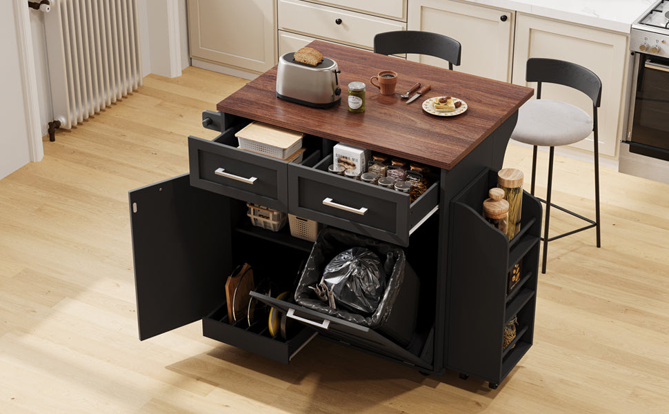 K&K 47.2' Farmhouse Kitchen Island with Drop Leaf, Kitchen Storage Island with Removable Side Racks, Two Drawers, Rolling Kitchen Cart on Wheels with Towel Rack, for Home, Kitchen, Dining Room, Black