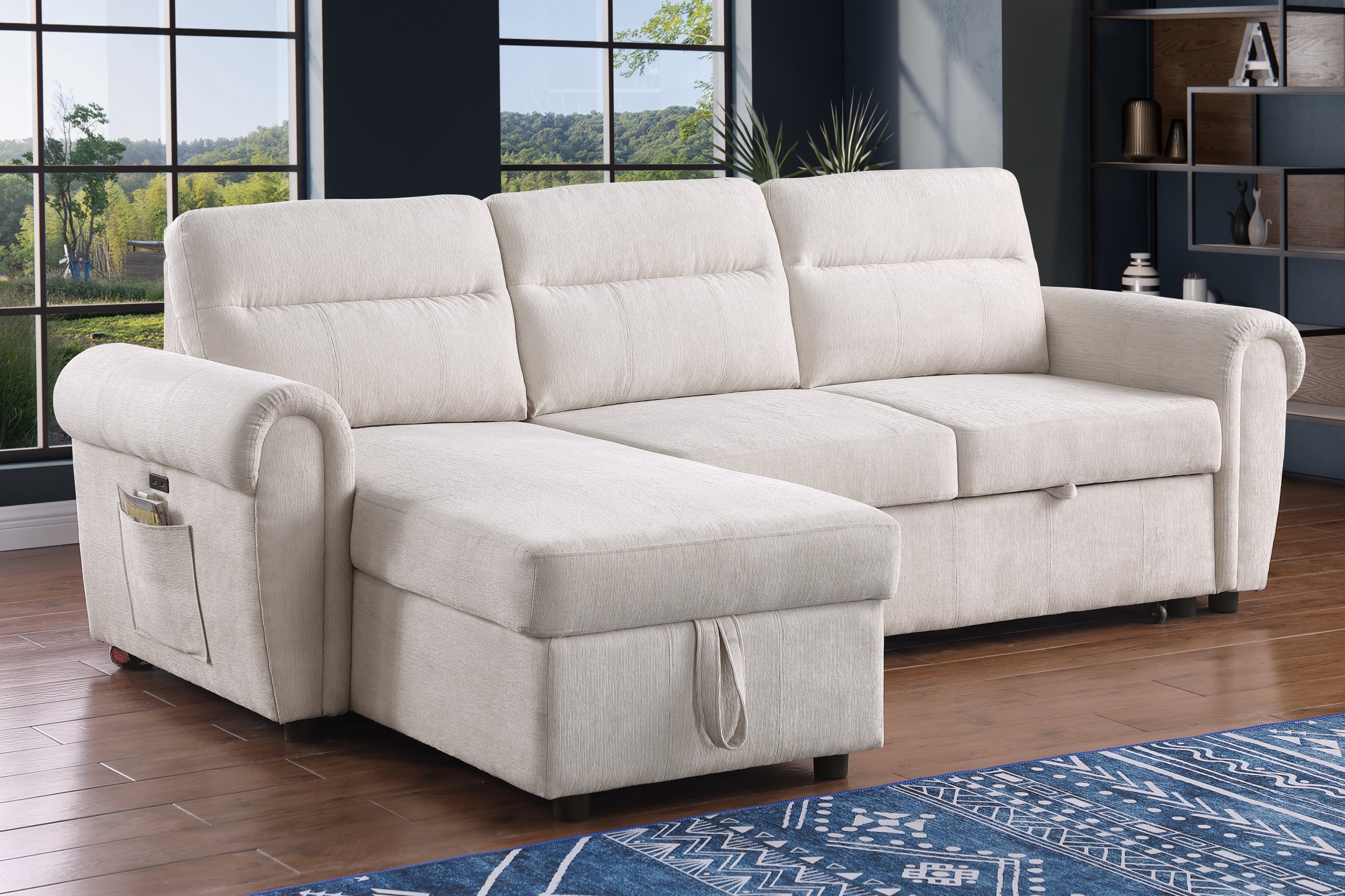 Hugo 97'W Beige Chenille Reversible Sleeper Sectional Sofa Chaise with USB Charger