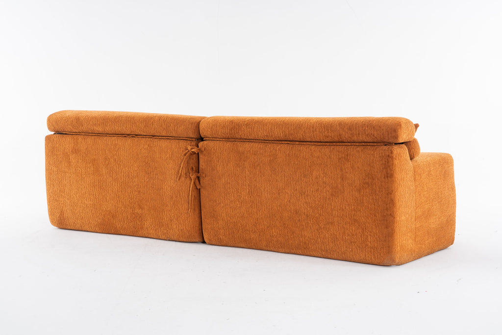 LY-029 Reconfigurable 4-Seater Sectional Sofa with Wood Grain Chenille Fabric, Amber Orange Modular Sofa with 2 Pillows, High-Density Sponge Couch for Living Room & Apartment