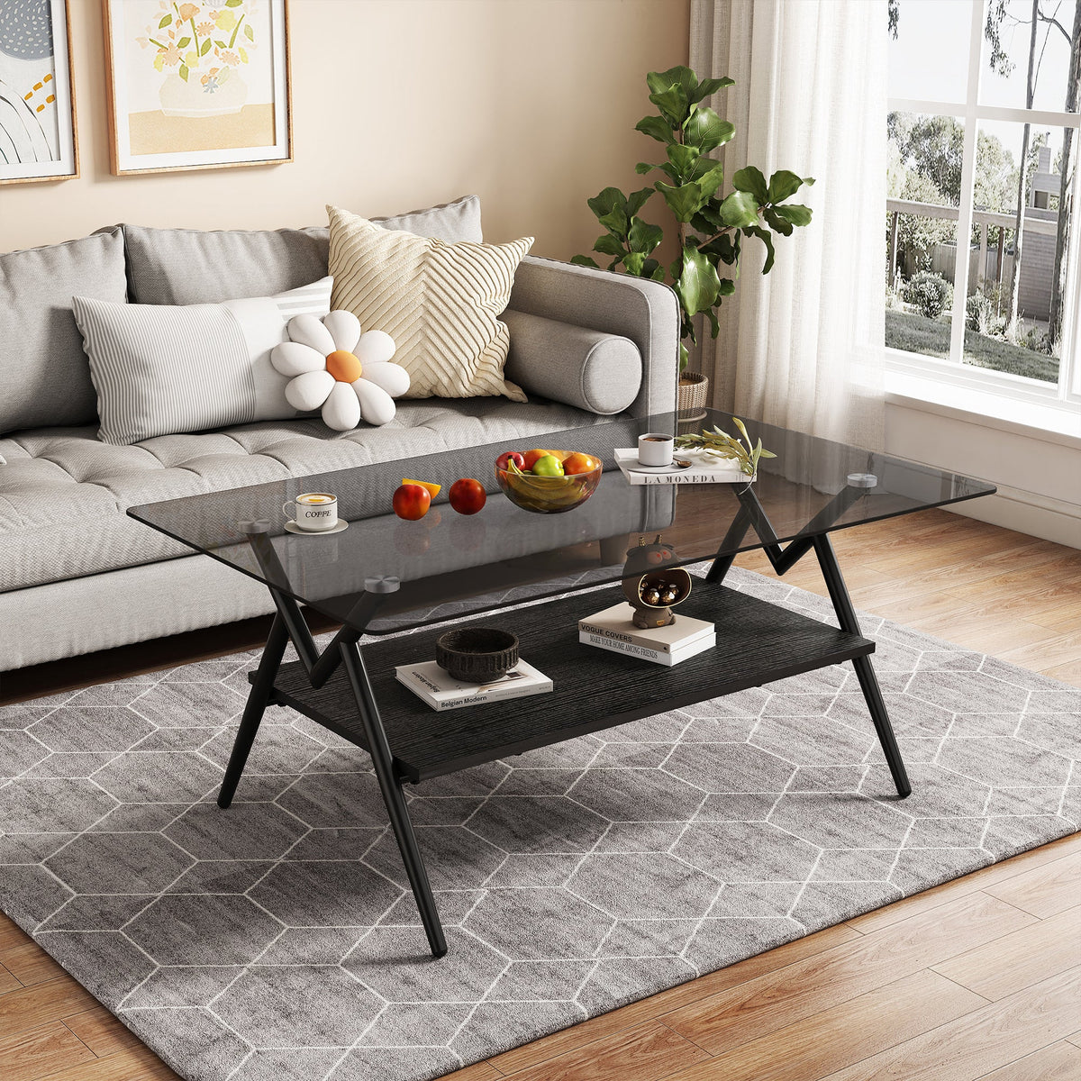 Rectangle Coffee Table with Tempered Glass top and Black MDF Shelf, Modern Table for Living Room, Gray Glass