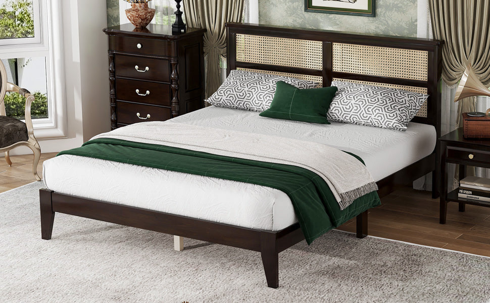 Queen Size Rubber Wooden, Solid Wooden Bed with Rattan Headboard, Enhanced by Support Feet,Espresso