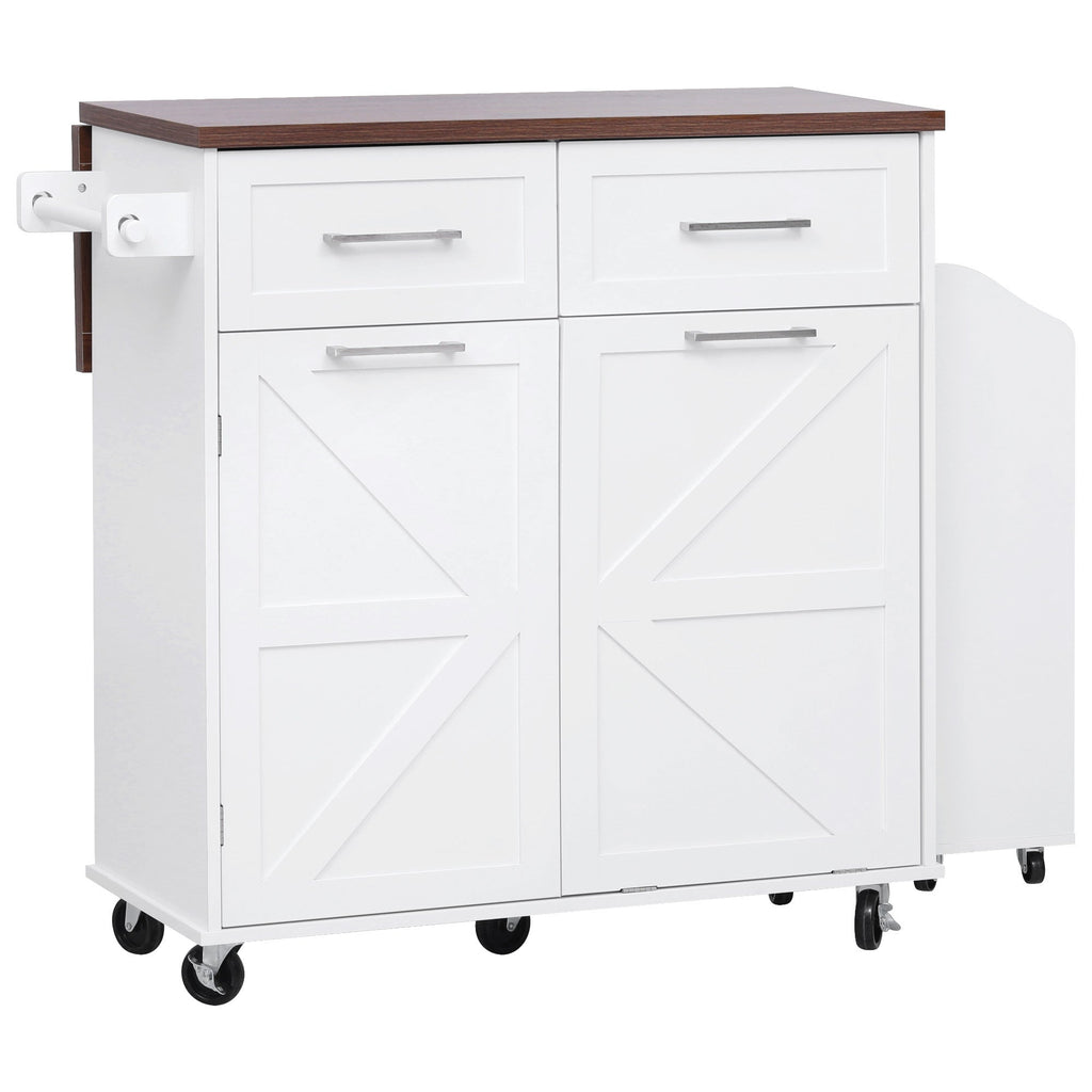K&K 47.2' Farmhouse Kitchen Island with Drop Leaf, Kitchen Storage Island with Removable Side Racks, Two Drawers, Rolling Kitchen Cart on Wheels with Towel Rack, for Home, Kitchen, Dining Room, White