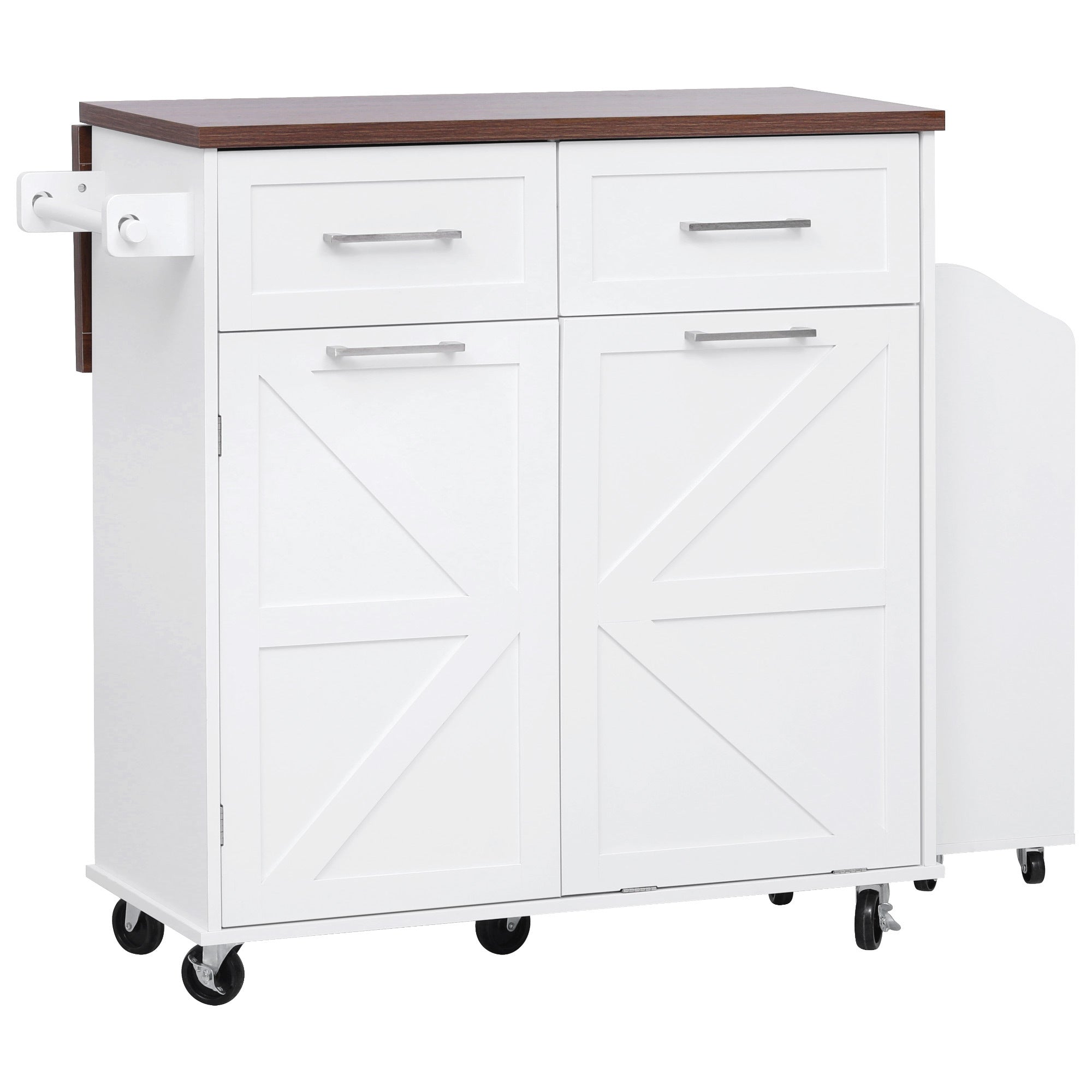 K&K 47.2' Farmhouse Kitchen Island with Drop Leaf, Kitchen Storage Island with Removable Side Racks, Two Drawers, Rolling Kitchen Cart on Wheels with Towel Rack, for Home, Kitchen, Dining Room, White