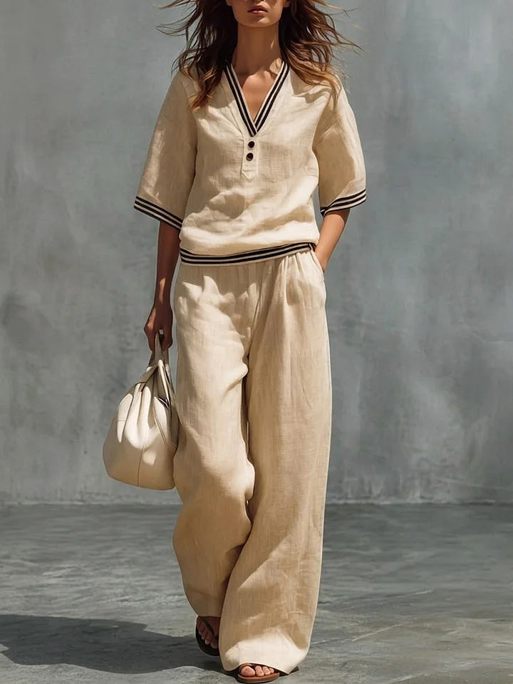 V-Neck Short-Sleeve Shirt & Pants Set – Cotton-Linen Two-Piece