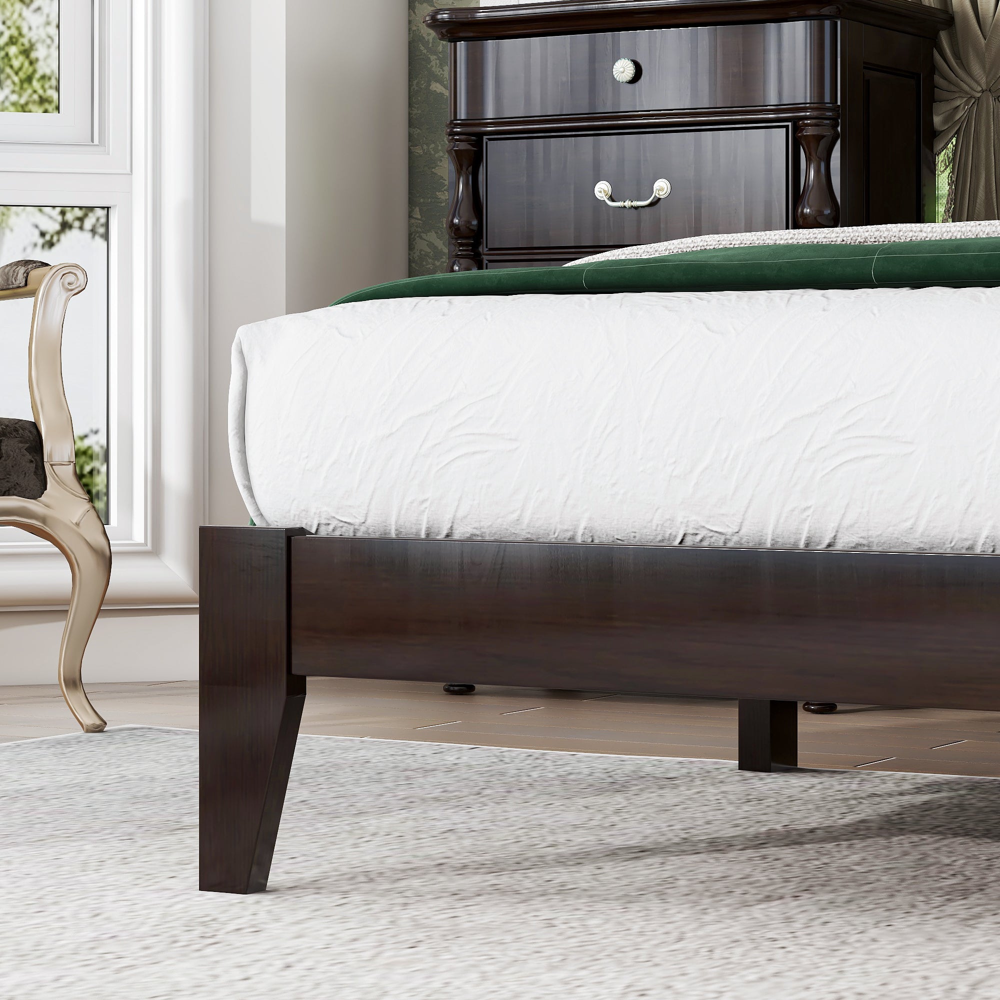 Queen Size Rubber Wooden, Solid Wooden Bed with Rattan Headboard, Enhanced by Support Feet,Espresso