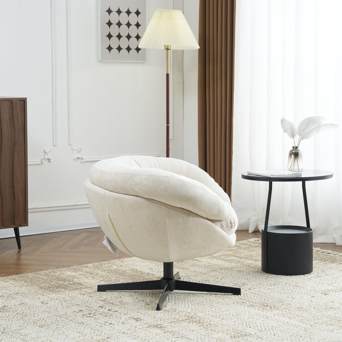 Modern Chenille Office Chair, 360° Swivel Club Chair/Accent Chair with Removable Cushion, Round Office Chair, Black Metal Base, Cotton Material, Living Room, Bedroom, Reading Corner, Office (Beige)