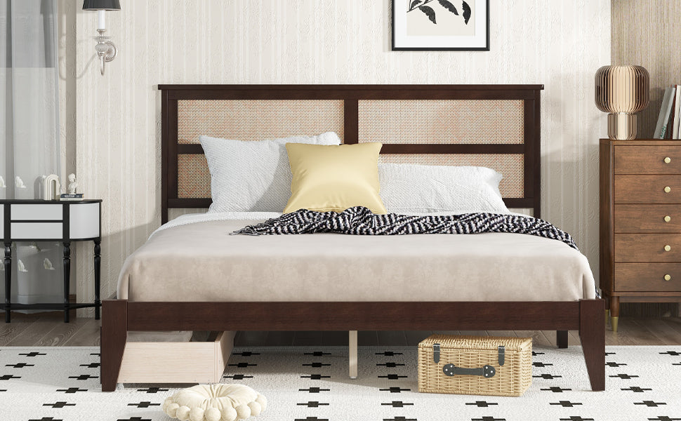 King Size Bed with Rattan Headboard, Two Storage Drawers, Rubber Wood Bed with Enhanced  Support Salts and Feet,Espresso