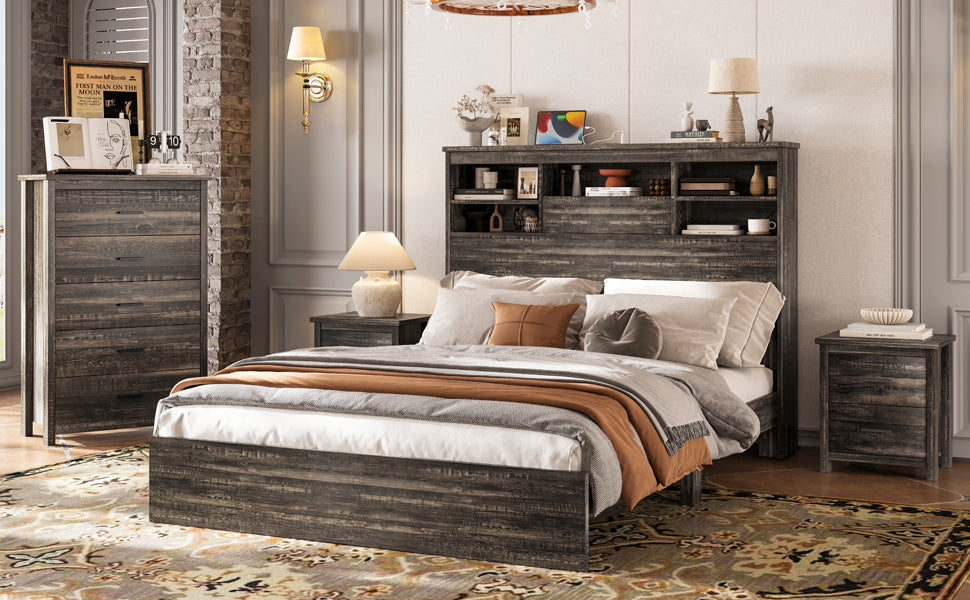 4PCS Bedroom Sets, Wooden Queen Size Bed Frame with Storage Headboard and Charging Station, 2 Nightstands with 2 Drawers, 1 Dresser with 5 Drawers, Antique Gray