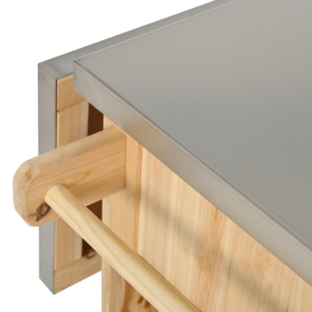 Outdoor Kitchen Island Fir Wood Kitchen Island with Stainless Steel Top, Ample Storage Space, Towel and Spice Racks, Bottle Opener, Natural