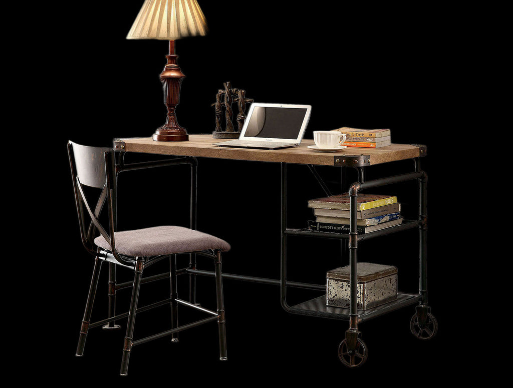 Industrial Inspired Desk With An Antique Black Metal Construction Replicated Wood Top And Caster Wheel Accents