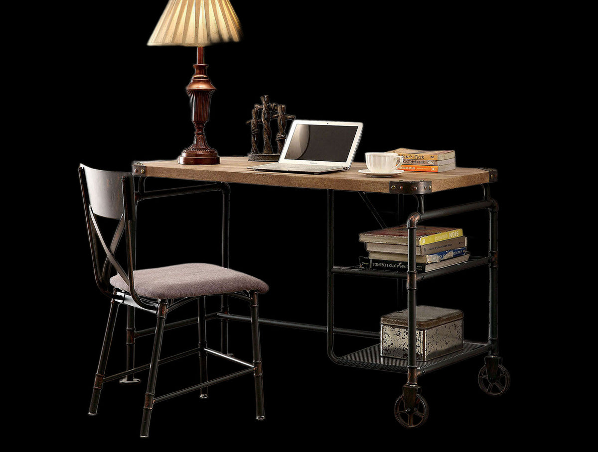 Industrial Inspired Desk With An Antique Black Metal Construction Replicated Wood Top And Caster Wheel Accents