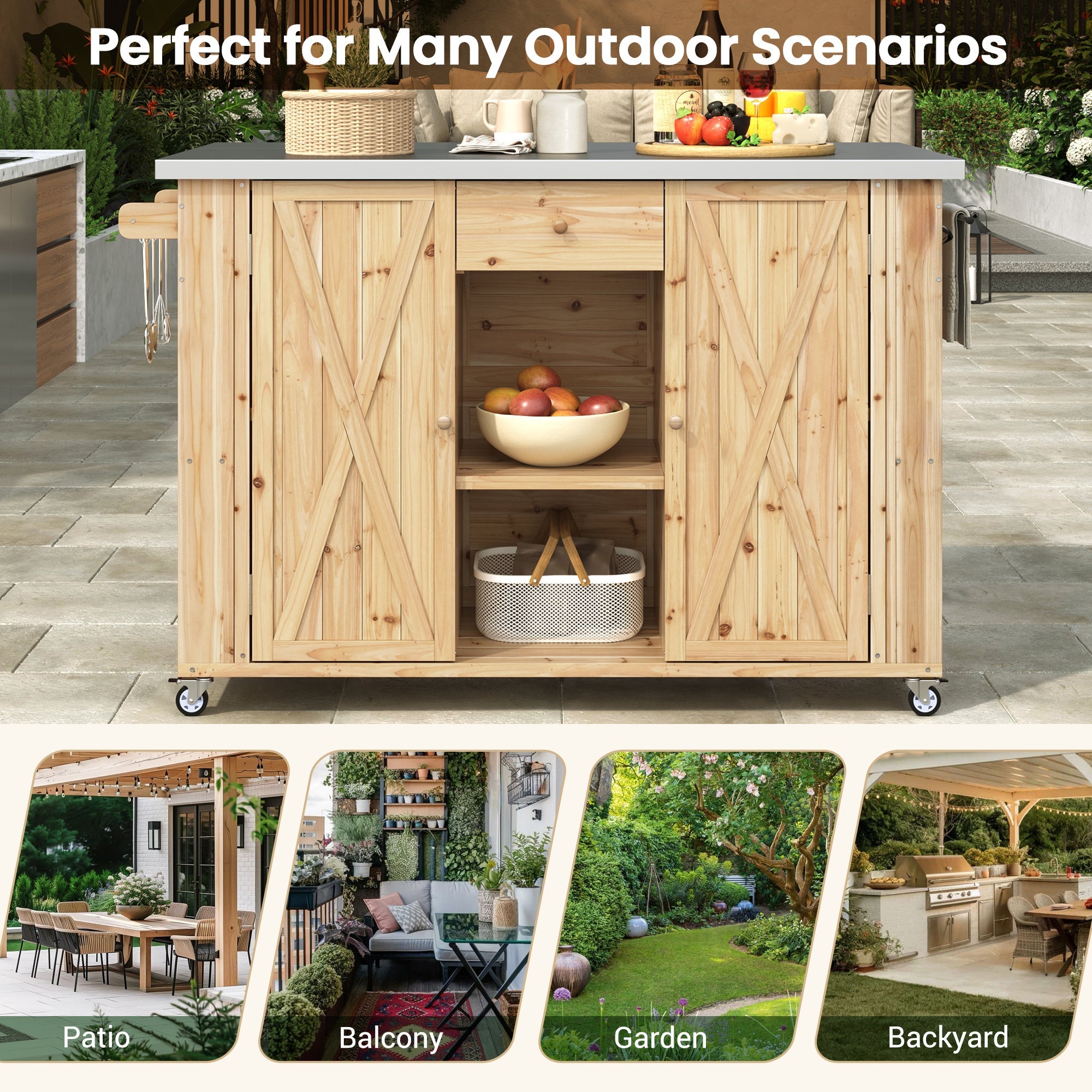 Outdoor Kitchen Island Fir Wood Kitchen Island with Stainless Steel Top, Ample Storage Space, Towel and Spice Racks, Bottle Opener, Natural
