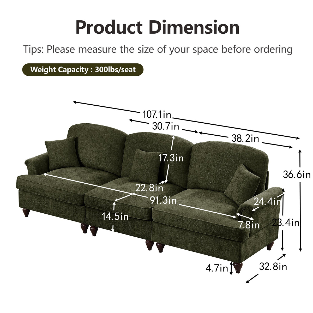 Classic 2 Piece Modular Couch Living Room Sofa Set with Flared Arms and Removable Ruffles Pleats Skirts and Spindle Legs, 3 Seater Sofa + 2-Seat Loveseat Sofa Sets for Living Room,Green