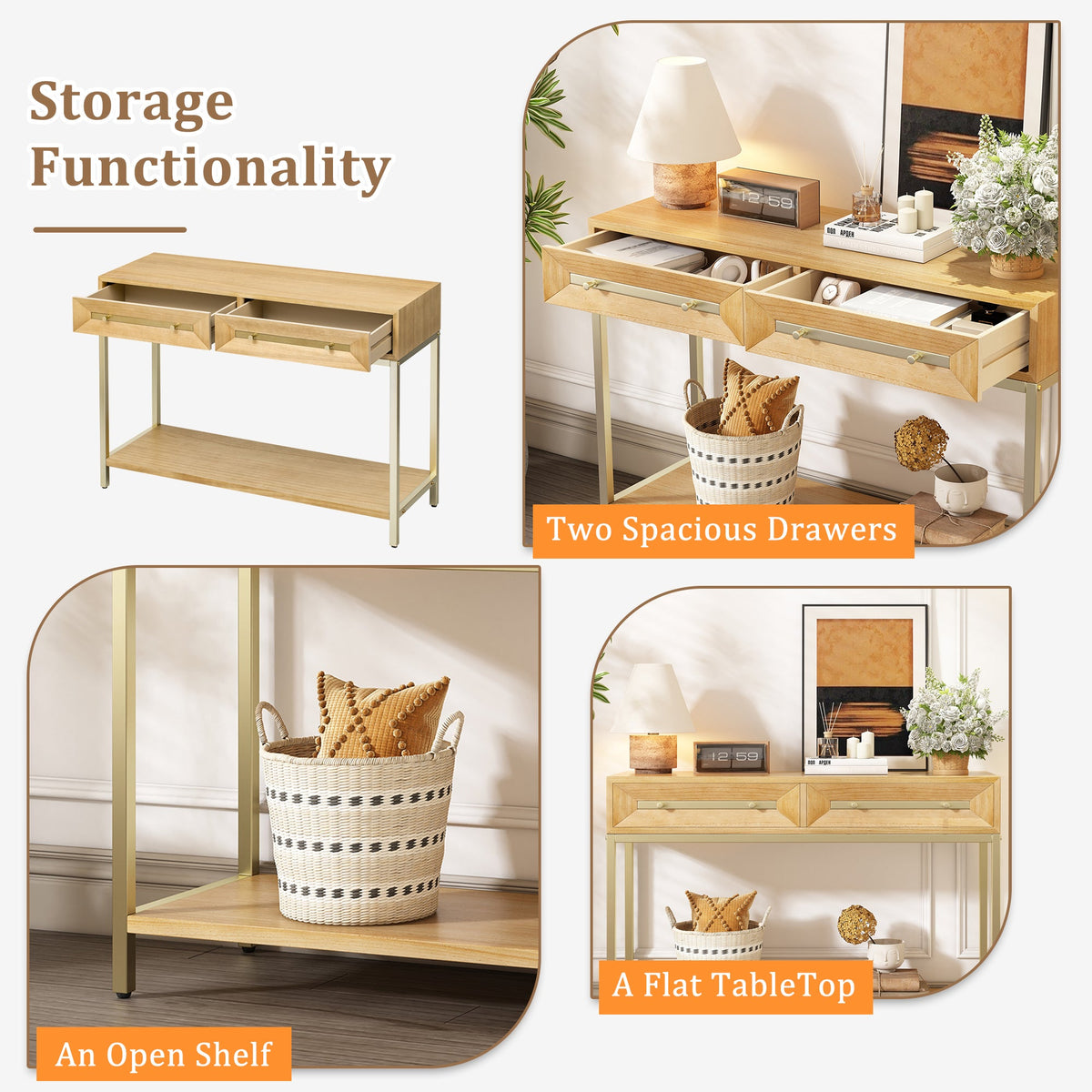 TREXM Entryway Table, Console Table with Two Drawers, Retro Hallway Table with Striking Geometric Design for Entryway and Living Room (Natural)