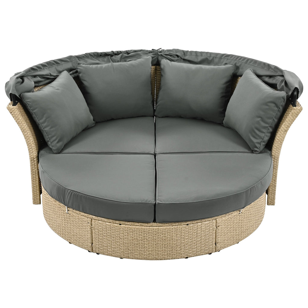 Outdoor Patio Daybed Wicker Rattan Double Daybed with Retractable Canopy, Grey, Polyester Upholstery, 71.7 x 63.4 x 62.2 inches