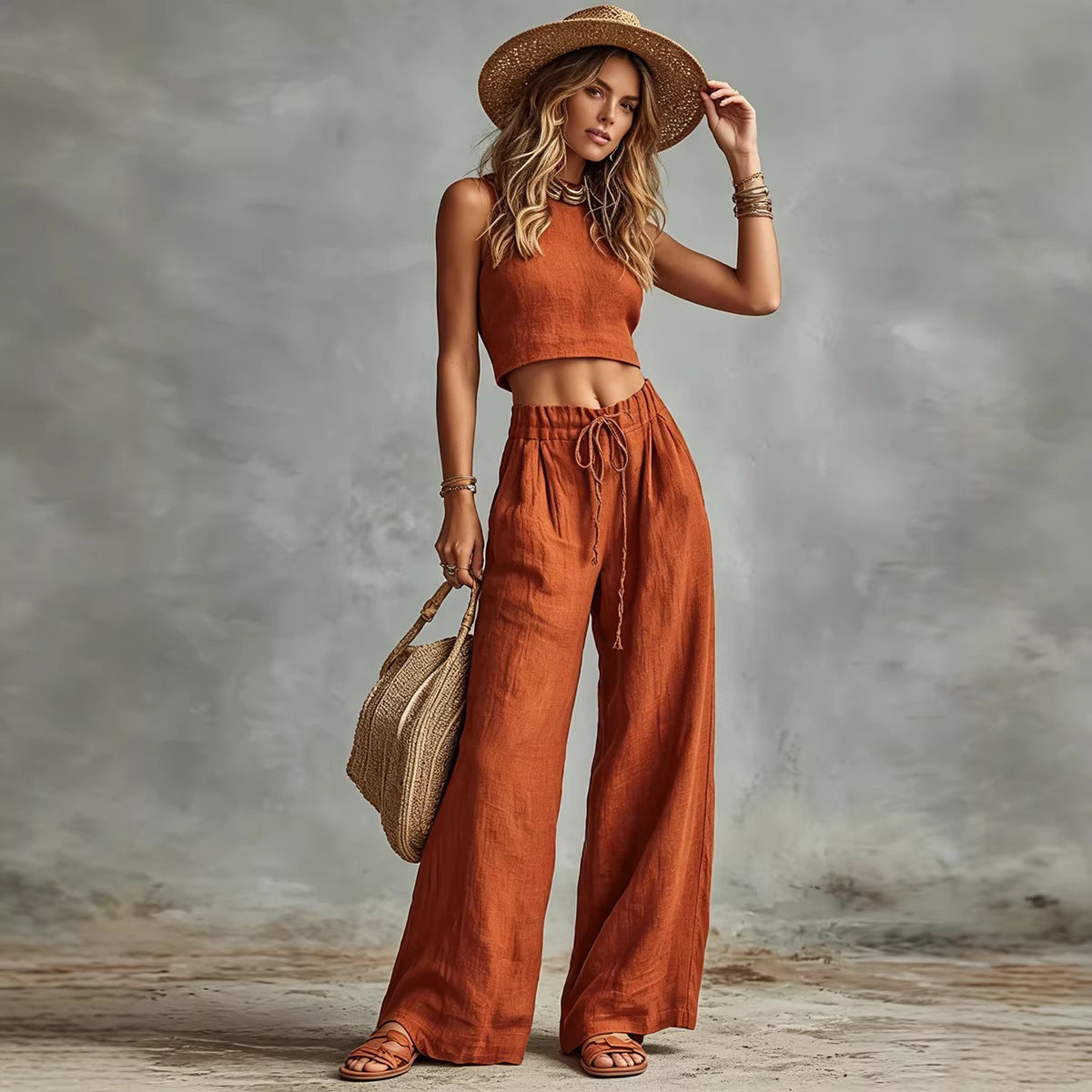 Women's Sleeveless Vest & Drawstring High-Waist Wide-Leg Pants Set