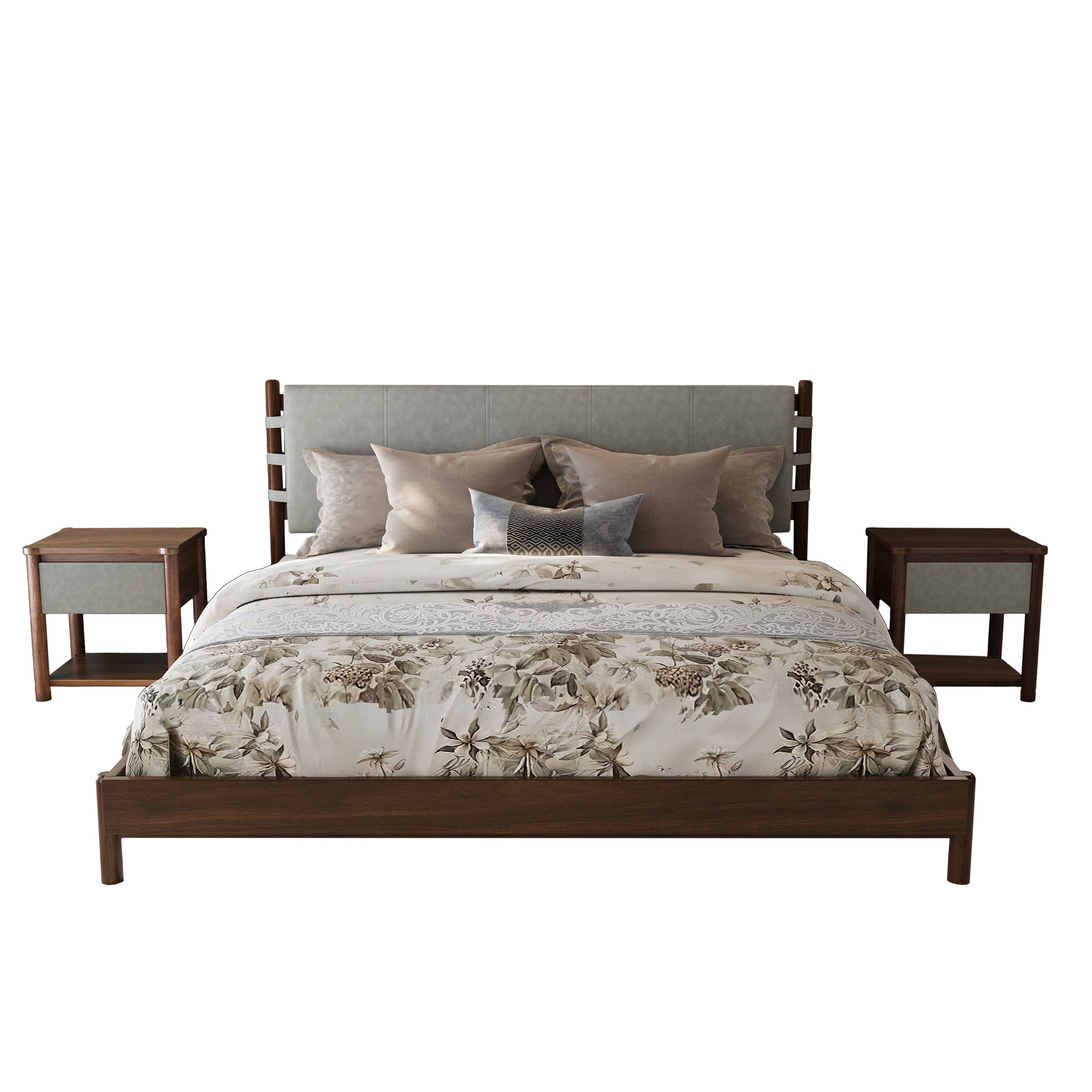 Modern Queen Bed Frame Set with 2 Nightstands, Light Gray Wood Platform Bed with Headboard and Matching Bedside Tables for Bedroom