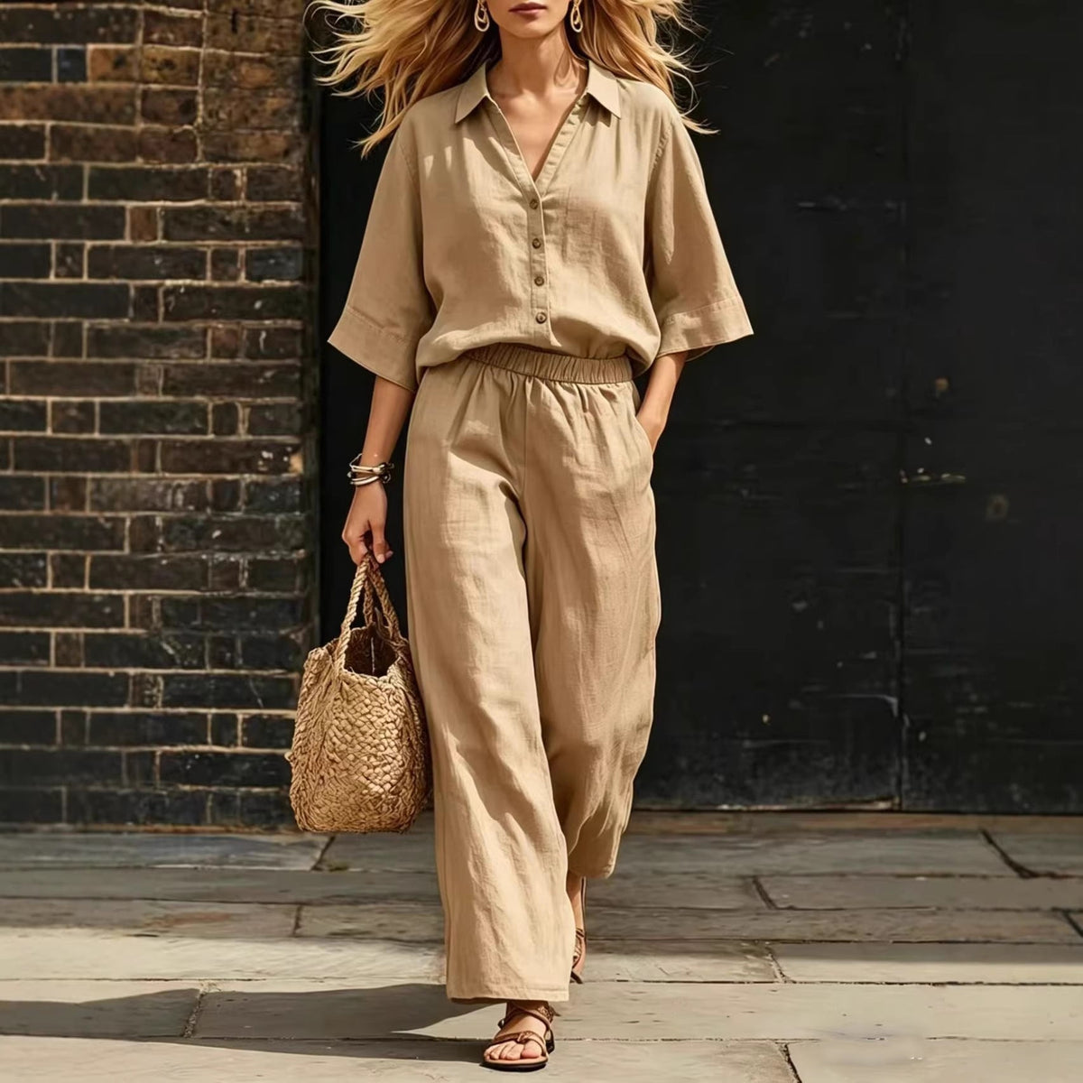 Short-Sleeve Shirt & Loose Pants Set – Casual Two-Piece