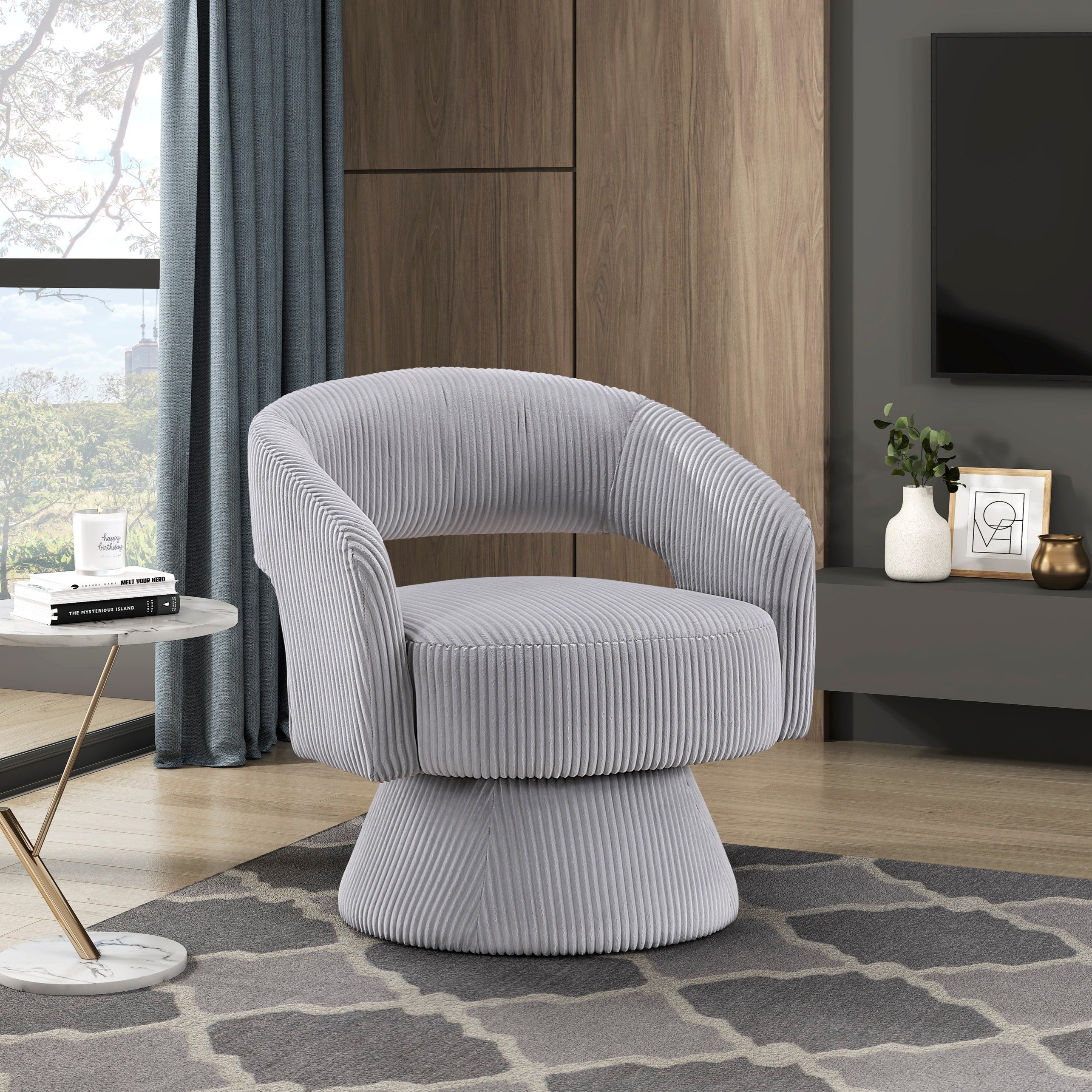 Modern Luxurious Swivel Accent Chair Gray Soft Corduroy Upholstery Plush Seating Solid Wood Stylish Home Furniture 1pc