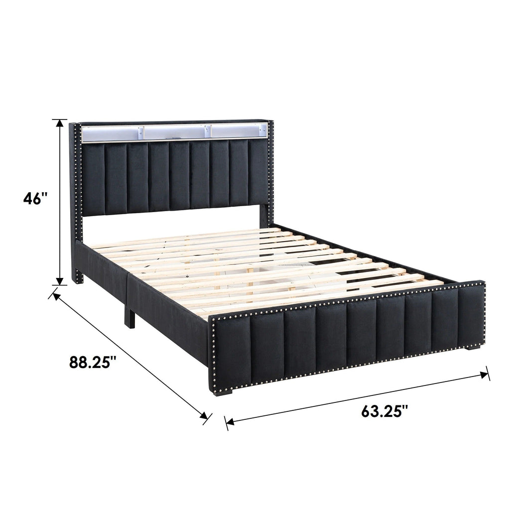 Queen Size Bed And 2x Nightstands Bedroom Furniture Luxury Look Black Fabric Upholstered Bedframe w LED Nailhead Trim 3pc Bedroom Set