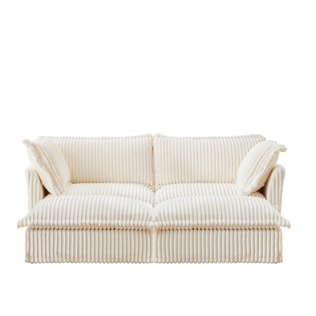 Slipcovered Sofa 2 Seater Sofa    With 2 Ottomans, 2 Seater Sleeper Sofa Bed Home Theater Oversized Sofa For Living Room, Corduroy, Cream