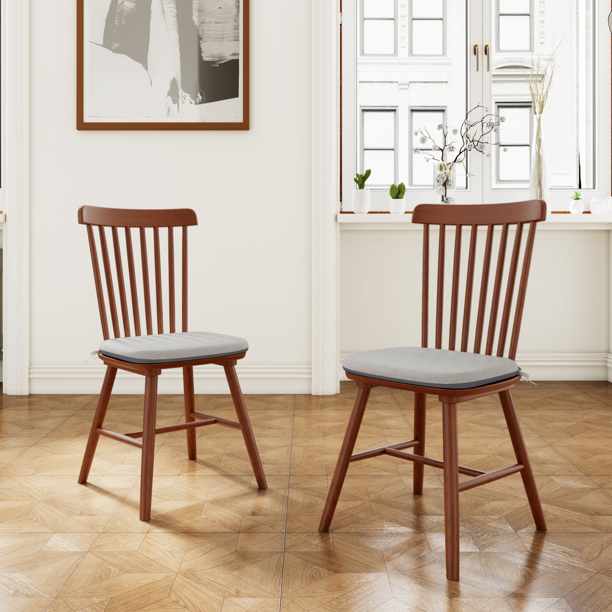 Farmhouse Kitchen Chairs (Pair) - Sturdy Solid Wood Construction with Cushioned Seats, Modern Windsor Back Design- Walnut