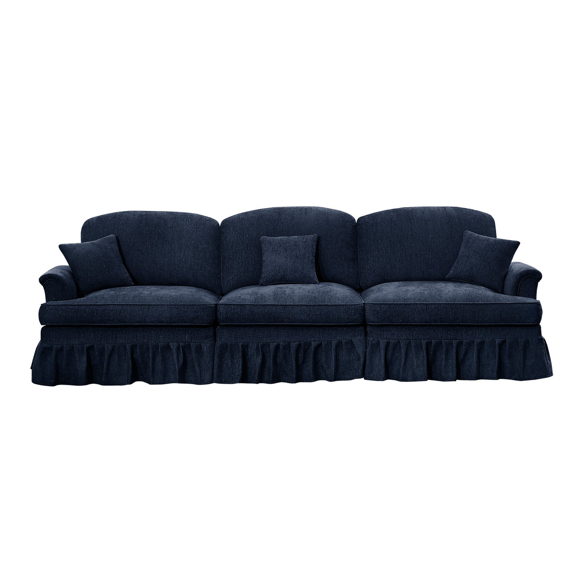 Elegant Mid Century Large 3 Seater Sofa Couch with Flared Arms and Removable Ruffles Pleats Skirts and Spindle Legs, Comfy Chenille Three-Seat Sofa for Living Room, Blue