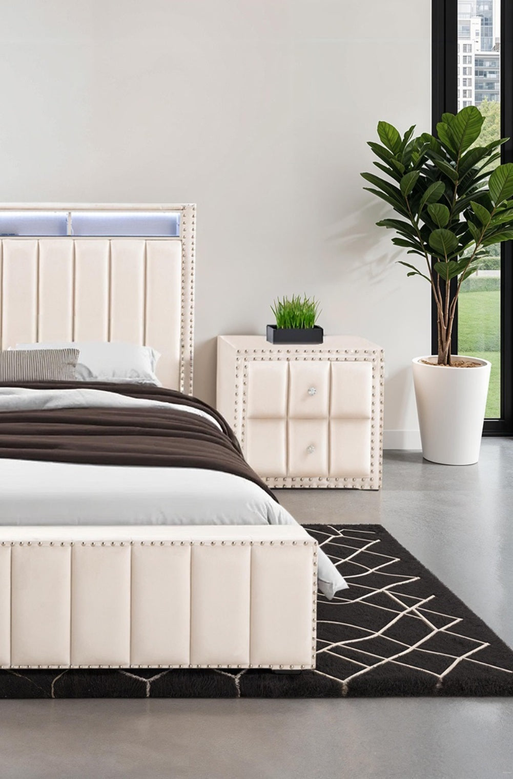 Full Size Bed 2x Nightstands Bedroom Furniture Contemporary Beige Fabric Upholstered Bedframe w LED Nailhead Trim 3pc Bedroom Set