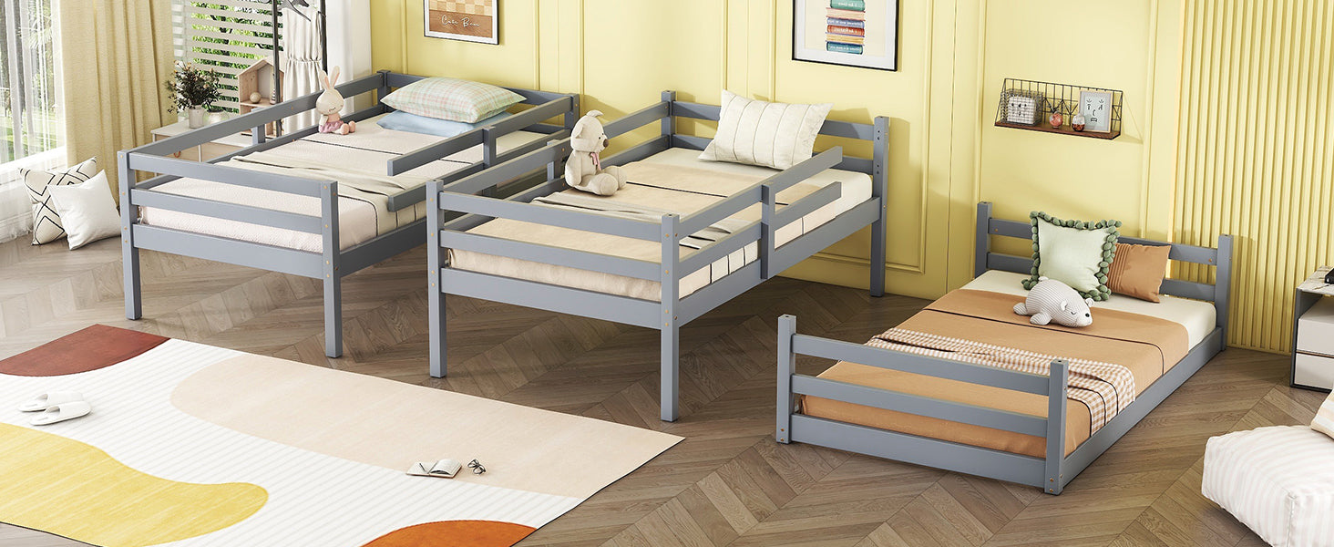 Triple Rubber Wood Bunk Bed with Two Built-in Ladders, Guardrails, Twin over Twin over Twin, Detachable Triple Twin Bunk Bed,Grey