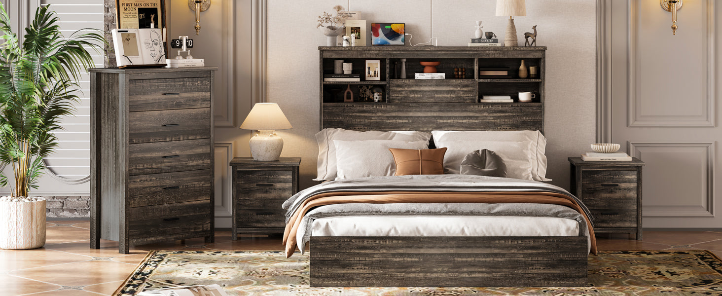 4PCS Bedroom Sets, Wooden Queen Size Bed Frame with Storage Headboard and Charging Station, 2 Nightstands with 2 Drawers, 1 Dresser with 5 Drawers, Antique Gray
