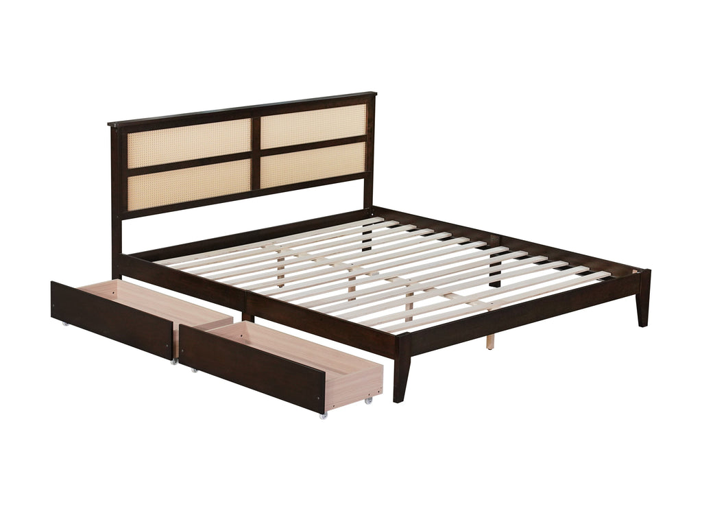 King Size Bed with Rattan Headboard, Two Storage Drawers, Rubber Wood Bed with Enhanced  Support Salts and Feet,Espresso