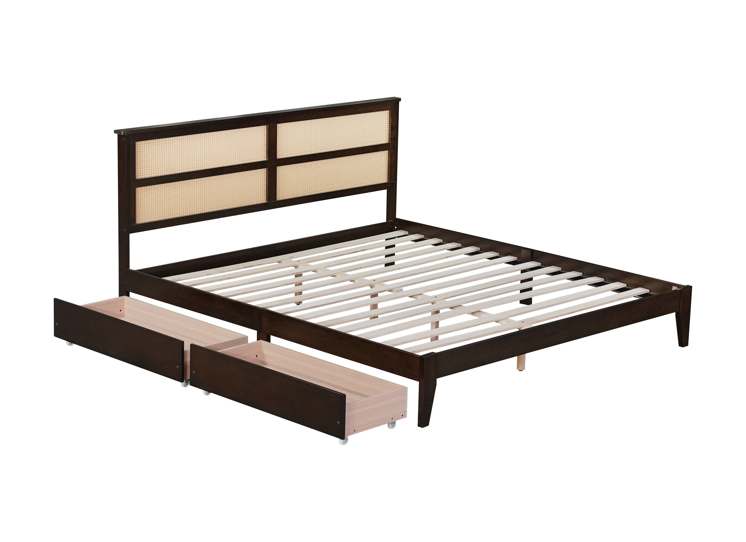 King Size Bed with Rattan Headboard, Two Storage Drawers, Rubber Wood Bed with Enhanced  Support Salts and Feet,Espresso