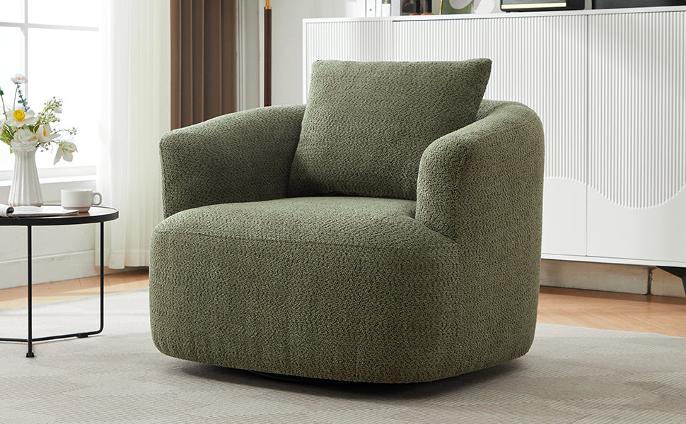 360° Swivel Chair, Chenille Upholstered Barrel Sofa Chair with Throw Pillow, Green, 38.2' for Living Room, Bedroom, Office