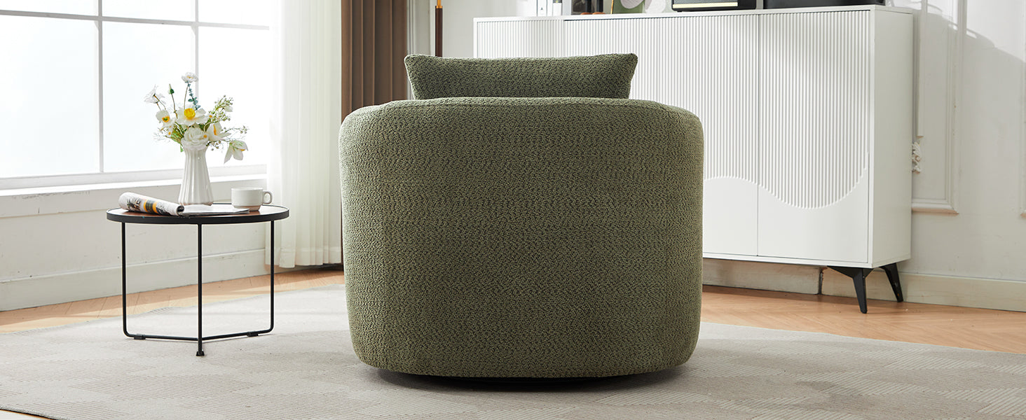 360° Swivel Chair, Chenille Upholstered Barrel Sofa Chair with Throw Pillow, Green, 38.2' for Living Room, Bedroom, Office