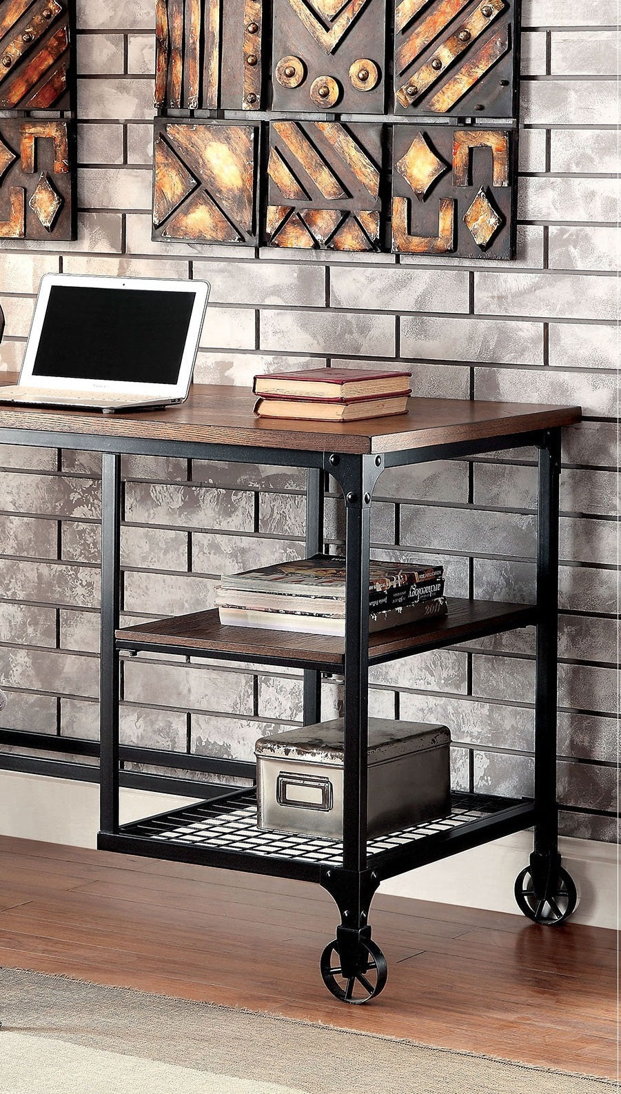 Industrial Inspired Desk With An Antique Black Metal Construction Replicated Wood Top And Caster Wheel Accents