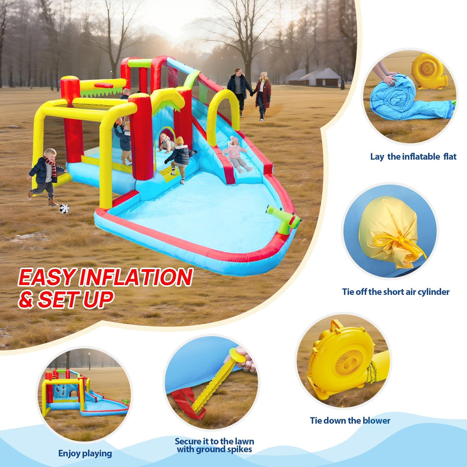 7 in1 Inflatable slide water park bouncing house outdoor Soccer garden bouncer with Splash pool  & Water gun & Climbing wall & Basketball & Football
