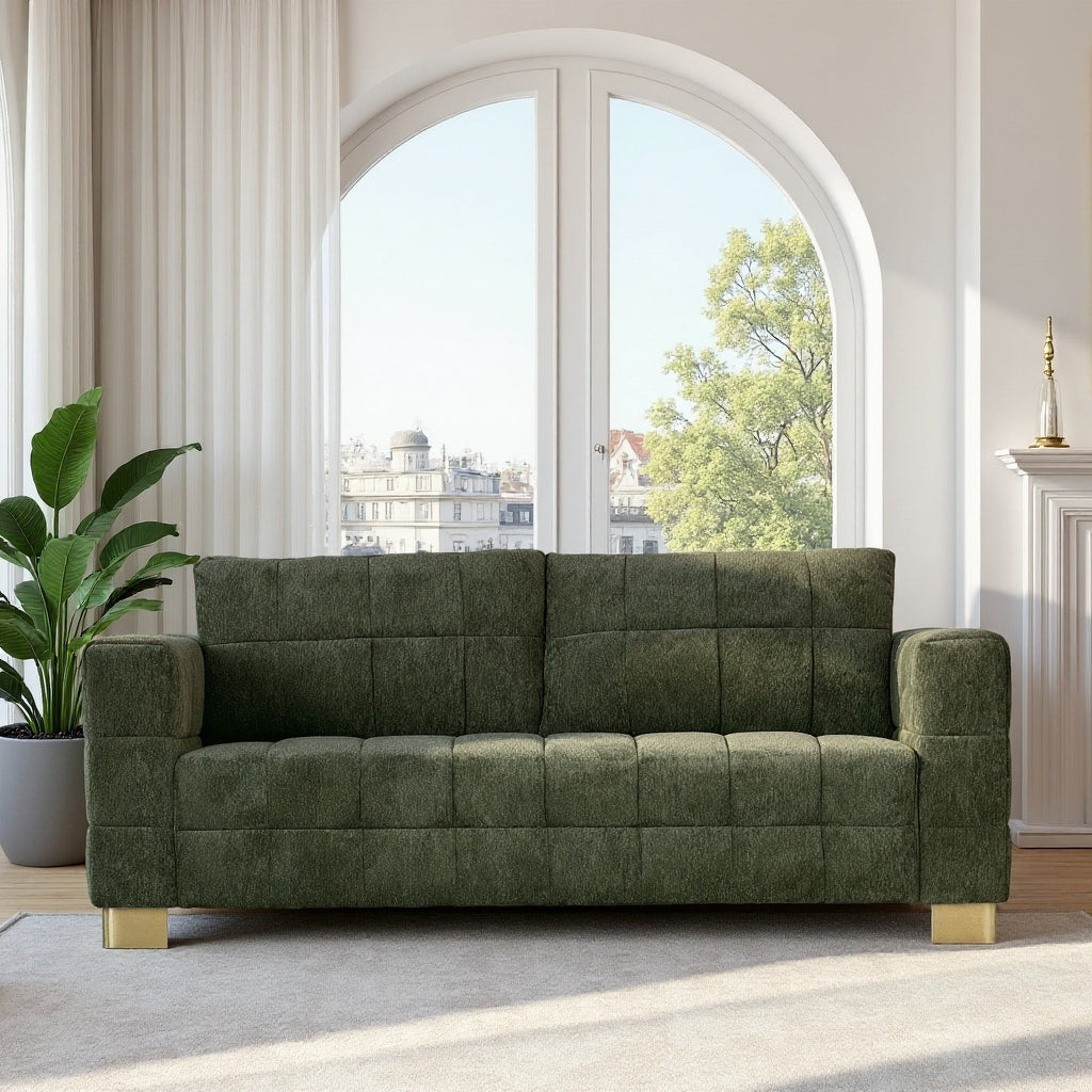 FX-P54-RG SOFA  Modern Green Chenille Sofa Couch, 3-Seater with Square-Tufted Design & Custom Stainless-Steel Legs Comfortable Living Room Couch for Apartment & Small Spaces