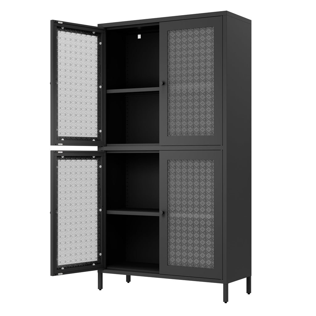 Classic Metal Storage Cabinet Display Cabinet with 4 Glass Doors 4 Shelves Cabinet Freestanding Bookcase Side Cabinet for Home Office Living Room Kitchen Hallway - Black, Begonia Flower Tempered Glass