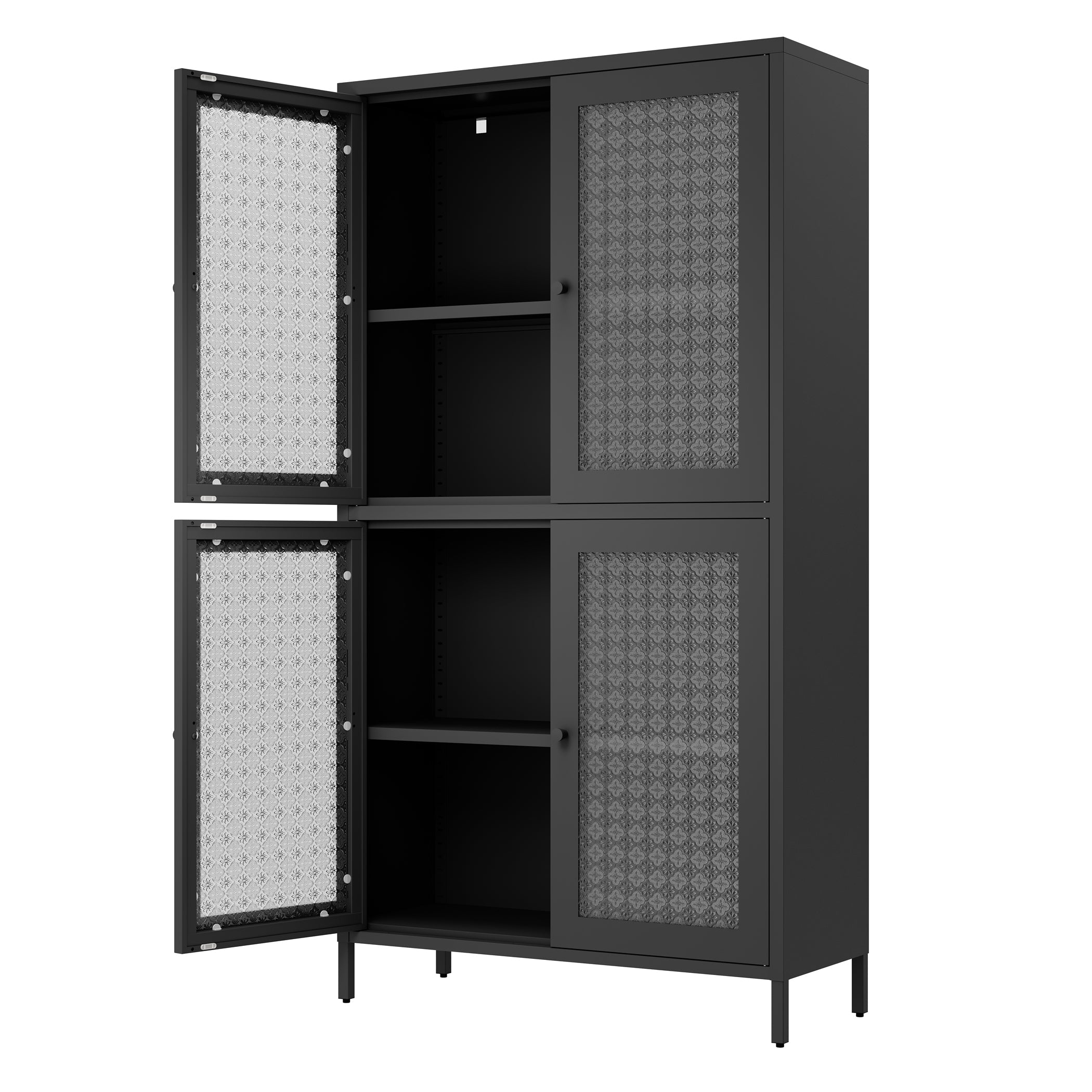 Classic Metal Storage Cabinet Display Cabinet with 4 Glass Doors 4 Shelves Cabinet Freestanding Bookcase Side Cabinet for Home Office Living Room Kitchen Hallway - Black, Begonia Flower Tempered Glass