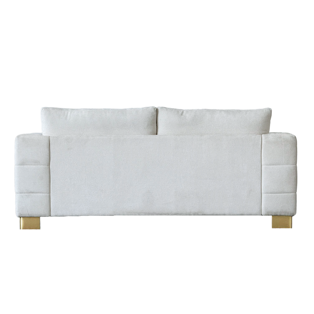 FX-P54-BE SOFA  Contemporary Beige Chenille Couch, Deep-Seat 3-Person Sofa with Wide Armrests & Brushed Stainless-Steel Block Legs Soft Upholstered Sofa for Living Room