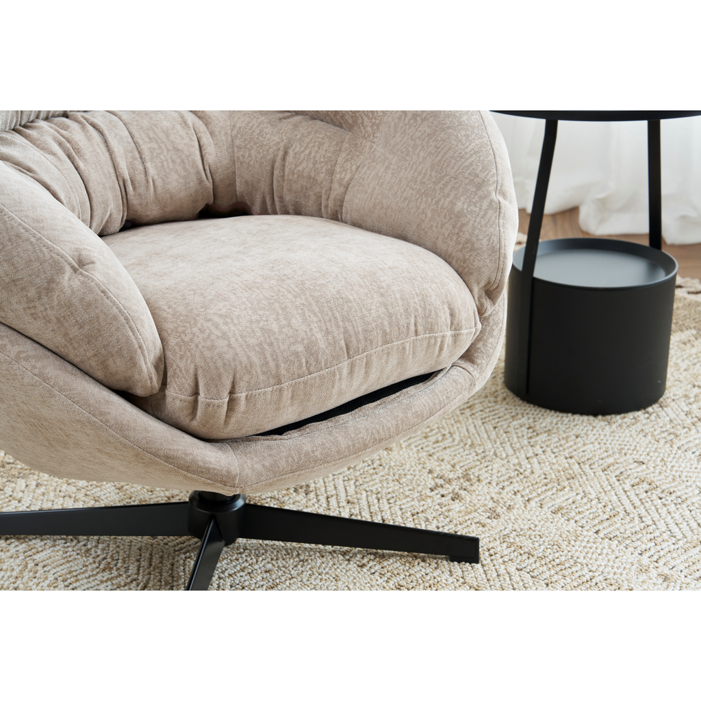 Modern Chenille Office Chair, 360° Swivel Club Chair/Accent Chair with Removable Cushion, Round Office Chair, Black Metal Base, Cotton Material, Living Room, Bedroom, Reading Corner, Office (Brown)