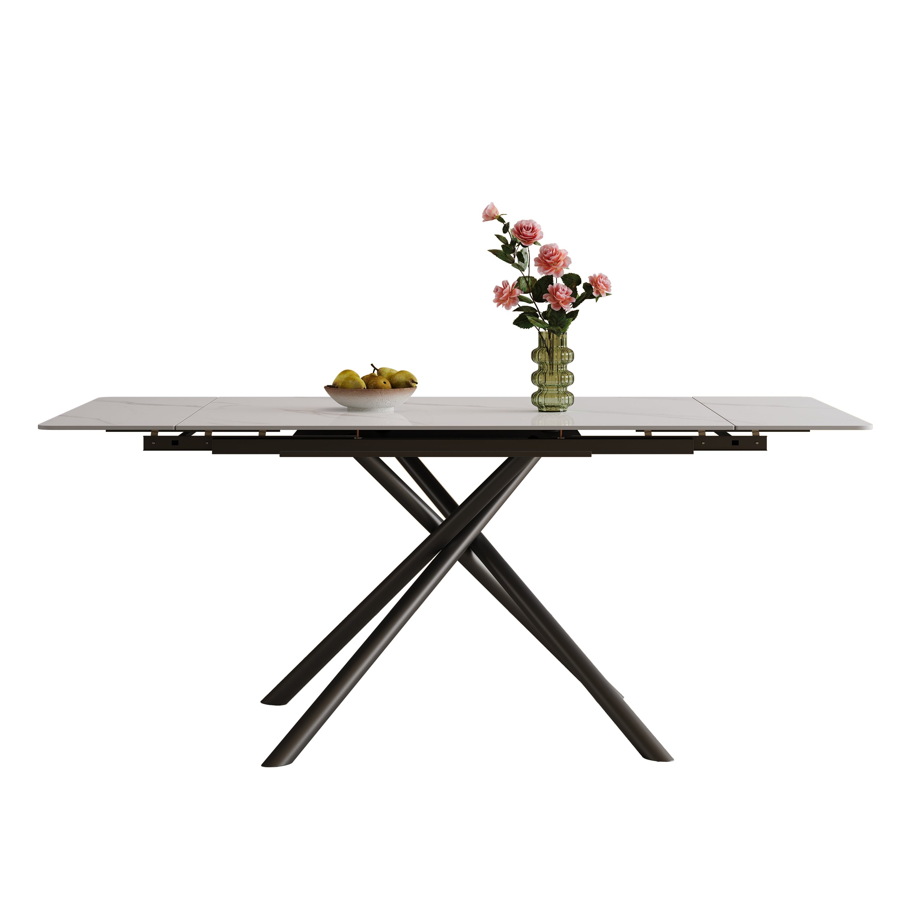 Modern Retractable Sintered Stone Dining Table with Black Carbon Steel Legs, White, 83 Inches for 6-8 Seats