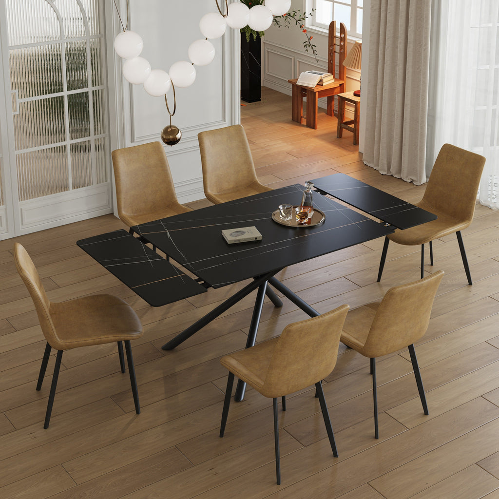 Modern Retractable Sintered Stone Dining Table with Black Carbon Steel Legs, 83 Inches for 6-8 Seats