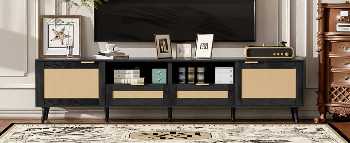 Rattan TV Stand for TVs up to 85'', Modern Farmhouse Media Console, Entertainment Center with Solid Wood Legs, TV Cabinet for Living Room,Home Theatre