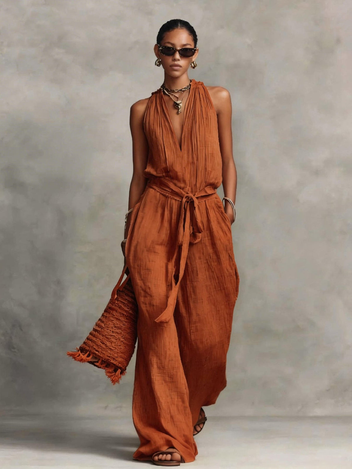 Lace-Up Sleeveless Straight-Leg Jumpsuit | Cotton-Blend