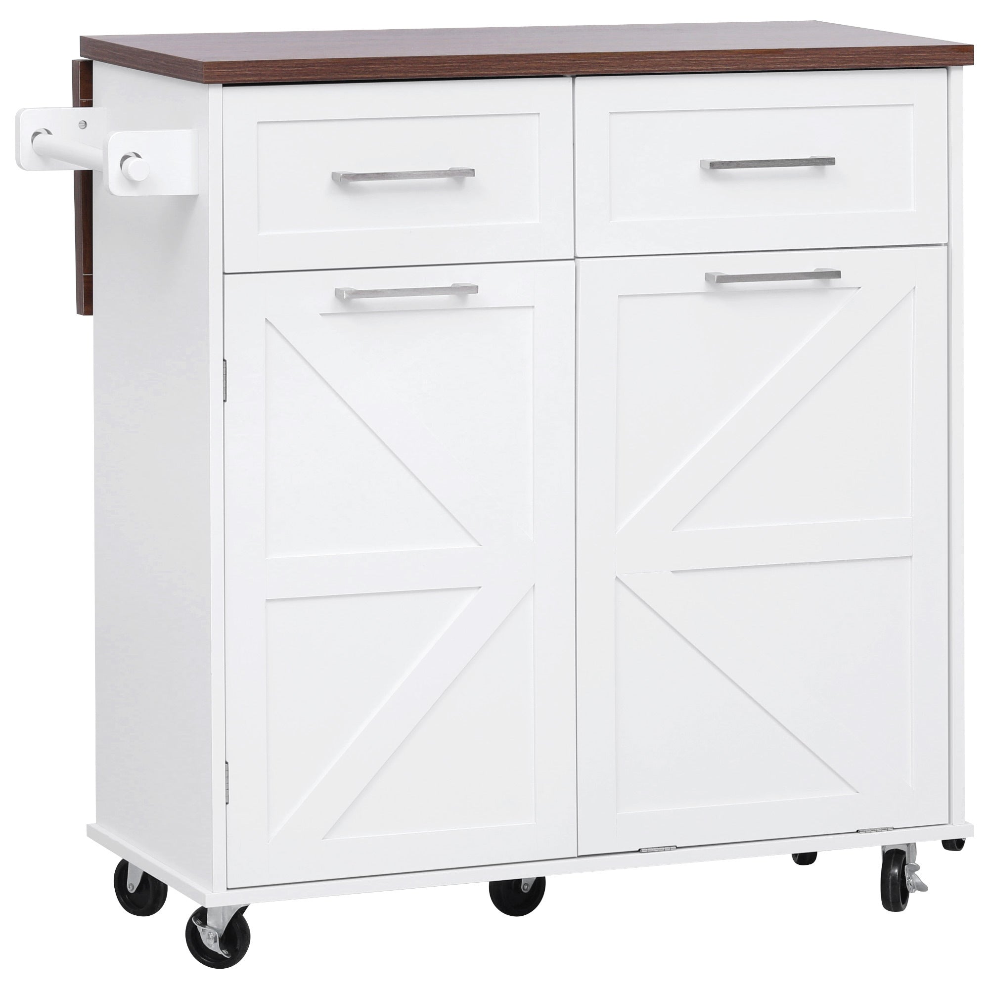 K&K 47.2' Farmhouse Kitchen Island with Drop Leaf, Kitchen Storage Island with Removable Side Racks, Two Drawers, Rolling Kitchen Cart on Wheels with Towel Rack, for Home, Kitchen, Dining Room, White