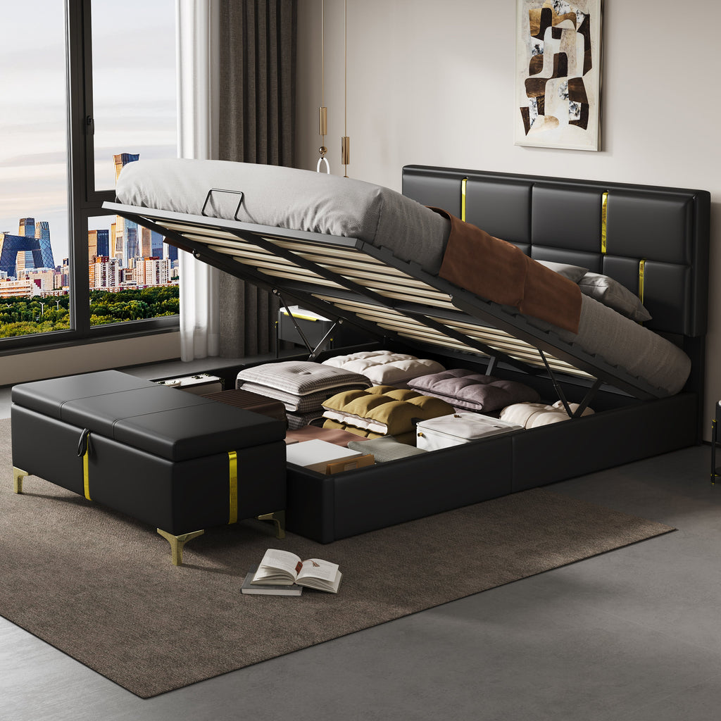2-Pieces Bedroom Sets,Queen Size Upholstered Platform Bed with Hydraulic Storage System,Storage Ottoman with Metal Legs,Black(Old SKU:N733S207778B)