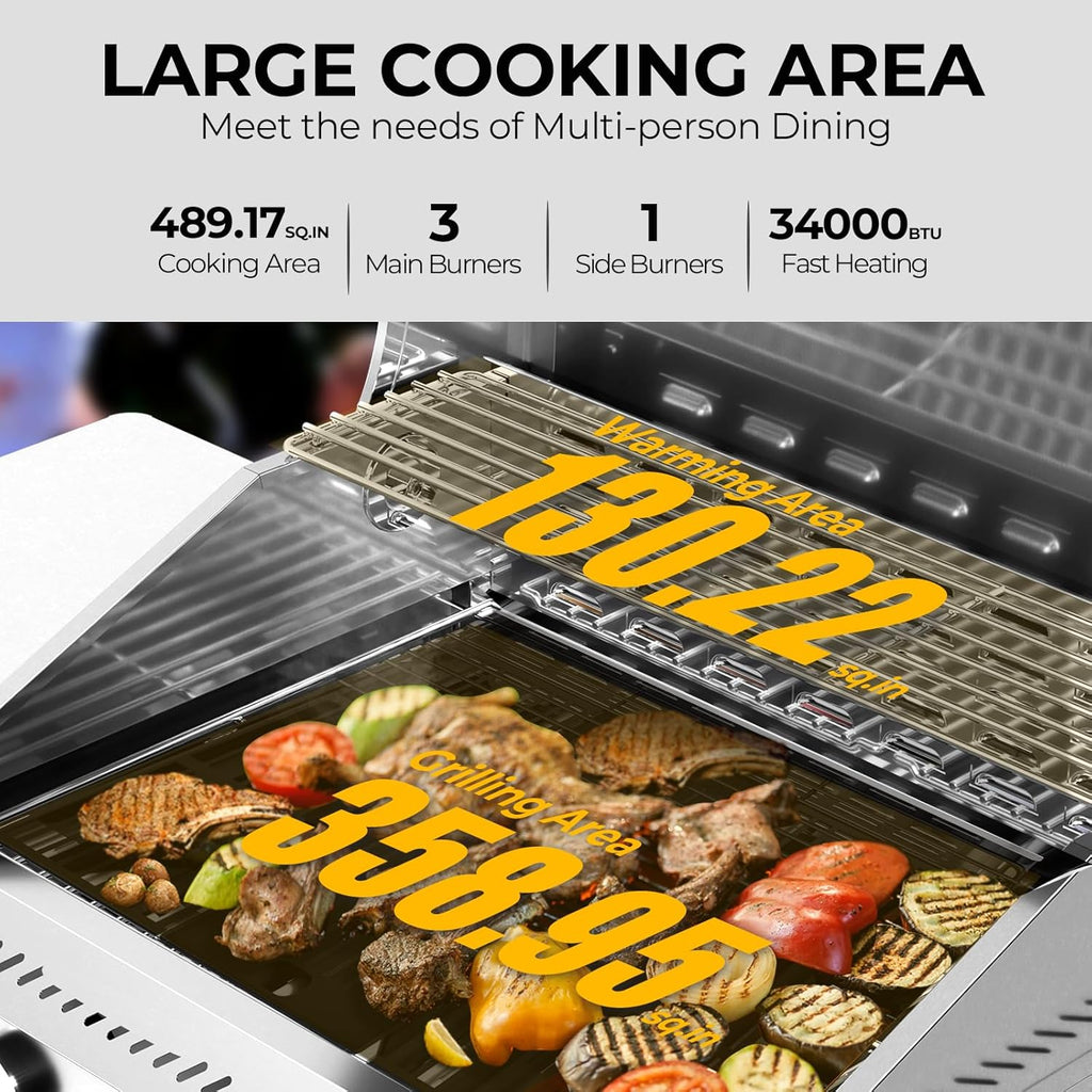 4-Burner BBQ Propane Gas Grill, 42,000 BTU Stainless Steel Barbecue Propane Grill with Side Burner G0141B